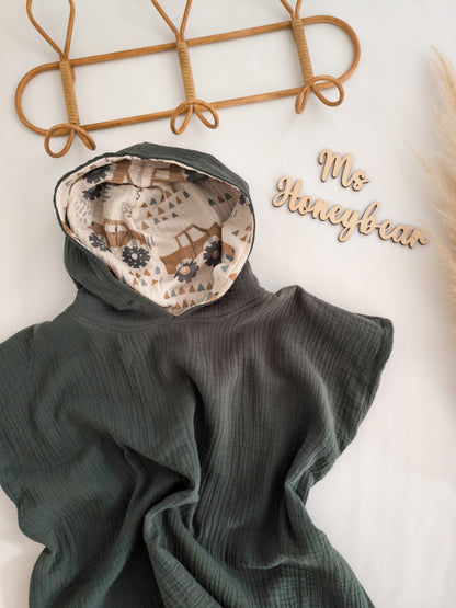 Musselin Badeponcho Khaki "Monstertruck" 2 -4 Jahre