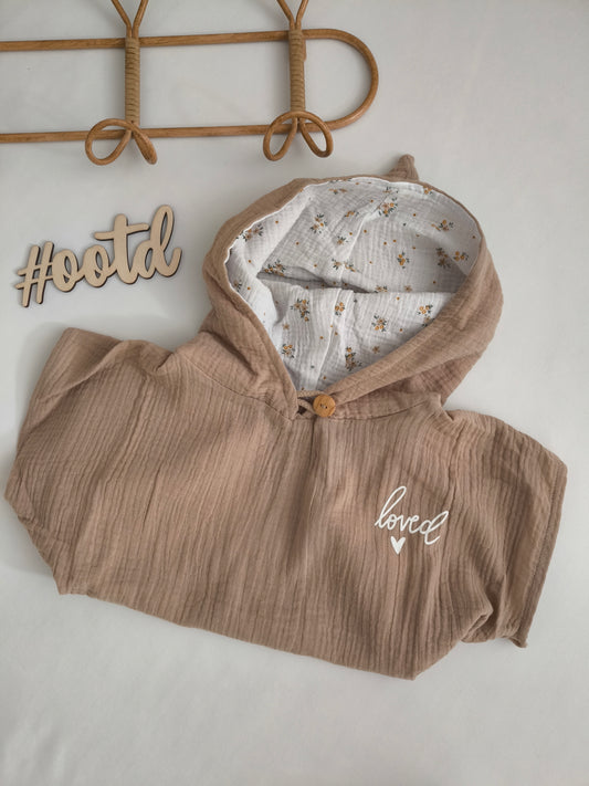 Musselin Badeponcho Beige "Blumenwiese" und Zipfelkapuze 6 Monate -2 Jahre